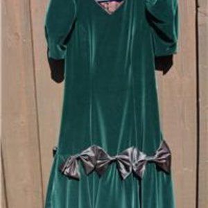 MAGGIE BREEN Green VELVET Midi Dress w/Black Satin Bows & Mesh / Loose Fit Sz M